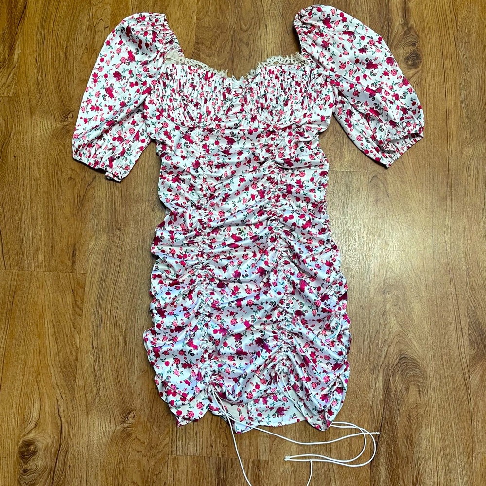 For Love & Lemons White Mini Dress with Pink Floral Print